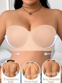DesireSculpt Plus Size Strapless Bra With Underwire, Pushup And Removable Straps For Multiple Wearing Ways, Seamless Backless Bra Clear Bra Straps - Beige - View 5