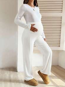 SHEIN Pantalones de maternidad de unicolor y cintura alta minimalistas, para uso diario - Blanco - Ver 4