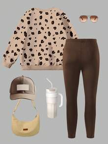 2 件套可爱兔子豹纹上衣，女童圆领运动衫和紧身裤套装，时尚休闲，适合秋冬 - 彩色 - 查看 3