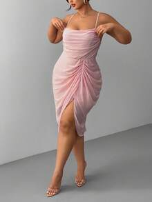 Hourglow 大码女式优雅纯色褶裥开衩下摆吊带背心连衣裙，夏季/秋季/冬季 - 杏色 - 查看 2