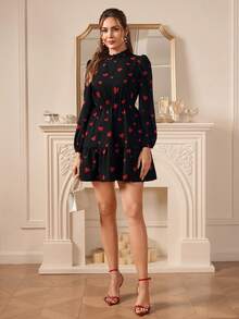 Amorya Vestido de mujer con estampado de corazón, cuello con volantes y mangas farol - Rojo y negro - Ver 6