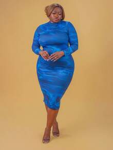 CurvyTilda Robe longue ajustée à manches longues avec col rond, motif vague minimaliste casual, grandes tailles - Multicolore - Voir 2