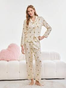 Bonmuse 2 件女士秋冬泰迪熊心形印花睡衣套装，长袖纽扣领上衣和裤子，休闲睡衣家居服，秋季服装