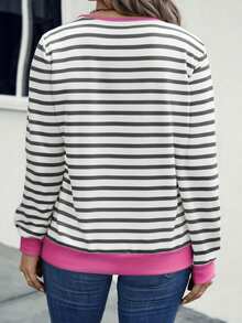 EMERY ROSE New Fashion Women Striped Contrast Color Collar V-Neck Loose Sweatshirt - Multicolor - View 2