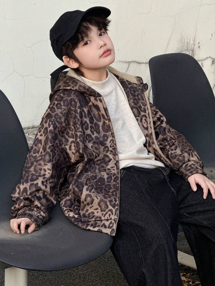 Tween Boy Leopard Print Hooded Zip-Up Long Sleeve Jacket, Autumn/Winter