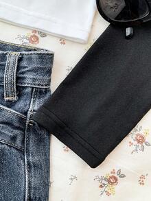 SHEIN Áo thun tay raglan tối giản, thoải mái dành cho bé gái tuổi teen - Đen và trắng - Xem 4