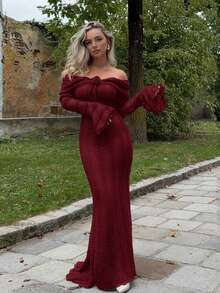 Jeta Ari Trang phục Tea Break ngọt ngào và thanh lịch Đầm maxi trễ vai tay dài Trang phục hẹn hò Đầm hoa 3D - Màu Đỏ Sâu - Xem 4