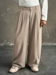 AXEPEAK Calça Casual Solta com Bolso Plissado e Estampa Xadrez Masculina - Caqui - Visão 1