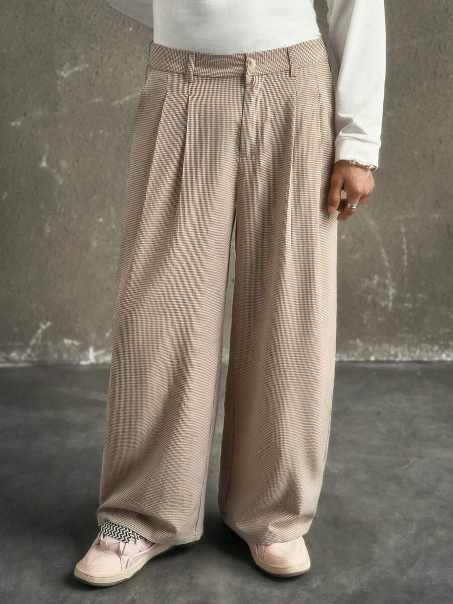 AXEPEAK Calça Casual Solta com Bolso Plissado e Estampa Xadrez Masculina - Caqui - Visão 1