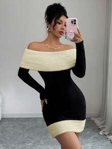 Modelyn 优雅露肩针织毛绒撞色迷你连衣裙，适合派对、秋冬季穿着 - 杏色 - 查看 5