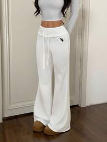 CovetEZ Calça de Moletom Flare Branca Casual Feminina com Nó e Bordado