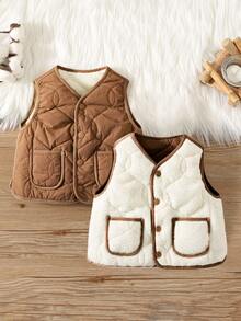 SHEIN Unisex Baby Casual All-Match Reversible Cotton Padded Vest Jacket, Suitable For Autumn/Winter Wear, Indoor And Outdoor Baby Coats - Khaki - View 3