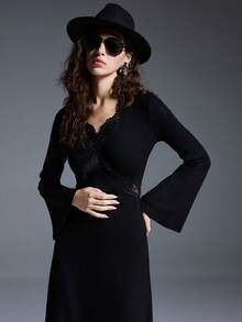 MYSTAURA Women's Casual Lace Collar Patchwork A-Line Fashionable & Comfortable Minimalist Dress - Black - View 6