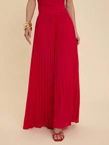 COSMINA 女士优雅阔腿褶裥长裤，通勤百搭，四季皆宜 - 紅色 - 查看 5