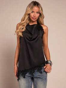 Glamine Áo sơ mi nữ không tay vải poplin chắp vá ren gợi cảm lãng mạn, viền bất đối xứng, thiết kế hở lưng, áo cánh nữ thanh lịch, áo sơ mi poplin đen dành cho nữ công sở - màu đen - Xem 5