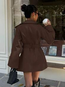 Muchica 女士时尚优雅双排扣束带风衣法式风衣女装风衣秋冬女装风衣 - 棕色 - 查看 2