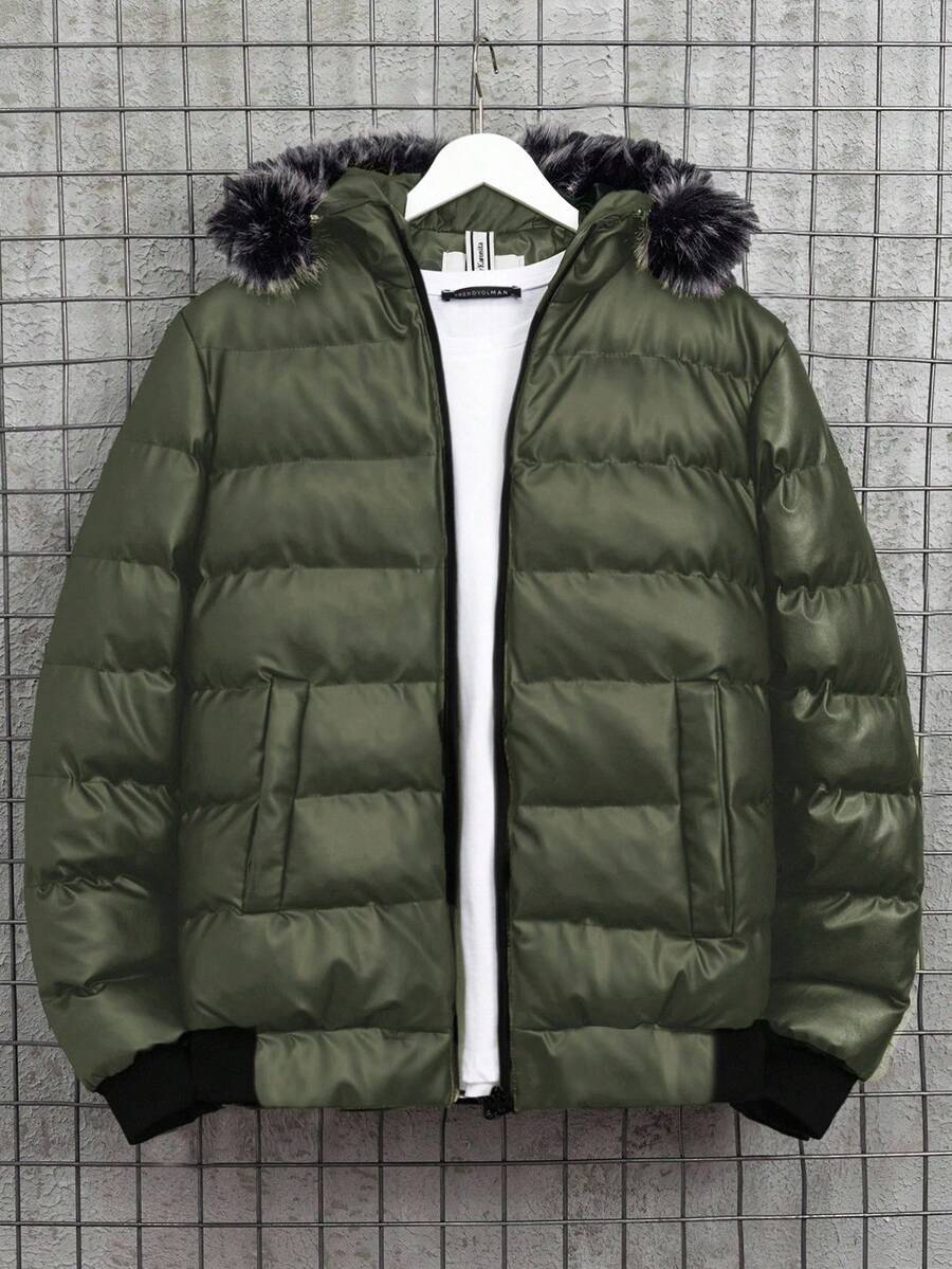 SHEIN Cottnline 男士纯色仿毛领拉链连帽长袖棉服外套，冬季 - 墨綠色 - 查看 1
