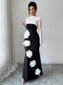 Elenzga 最新款黑白拼布花卉优雅腰部修身女式连衣裙