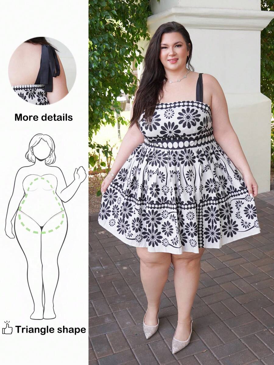 Truni Sometimesglam Plus Size Women's Vacation Black Geometric Retro Print Strappy Tie Cinched Waist Flared Mini Dress, For Pear Triangle Body Shape