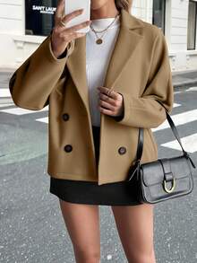 Pariaura 优雅别致的宽松单肩翻领双排扣针织外套，秋冬 - 卡其色 - 查看 1