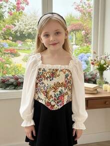 SHEIN Blouse décontractée pour préadolescentes avec manches bouffantes, patchwork floral sur fond unicolore. Blouse à manches longues avec motif floral, col carré pour préadolescentes et adolescentes. Blouse fleurie pour préadolescentes et adolescentes