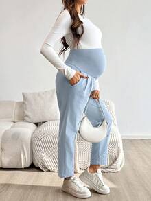 SHEIN Pregnant Women's Solid Color Pleated Pocket Fashion Pants Maternity Pants  Summer Clothes Comfy Maternity Pants Cotton Maternity Clothes Maternity Cotton Pants Pregnancy Pants - Blue - View 4