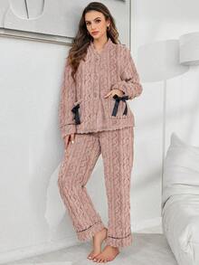 Women's Pocket Bow Decor Jacquard Fleece Top And Pants Fluffy Pajama Set, Fall Winter Clothes, Cozy