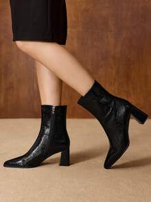 MOTF WOMEN'S SOLID COLOR FASHION POINTED TOE SIDE ZIPPER HIGH HEEL MID-CALF BOOTS FOR CHRISTMAS - Black - View 1