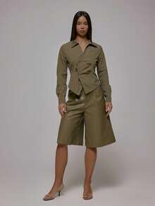 MUSERA Shorts tipo jorts de piel sintética oversize de estilo callejero cool girl Y2K para uso casual en otoño e invierno, color sepia - Verde Oliva - Ver 1