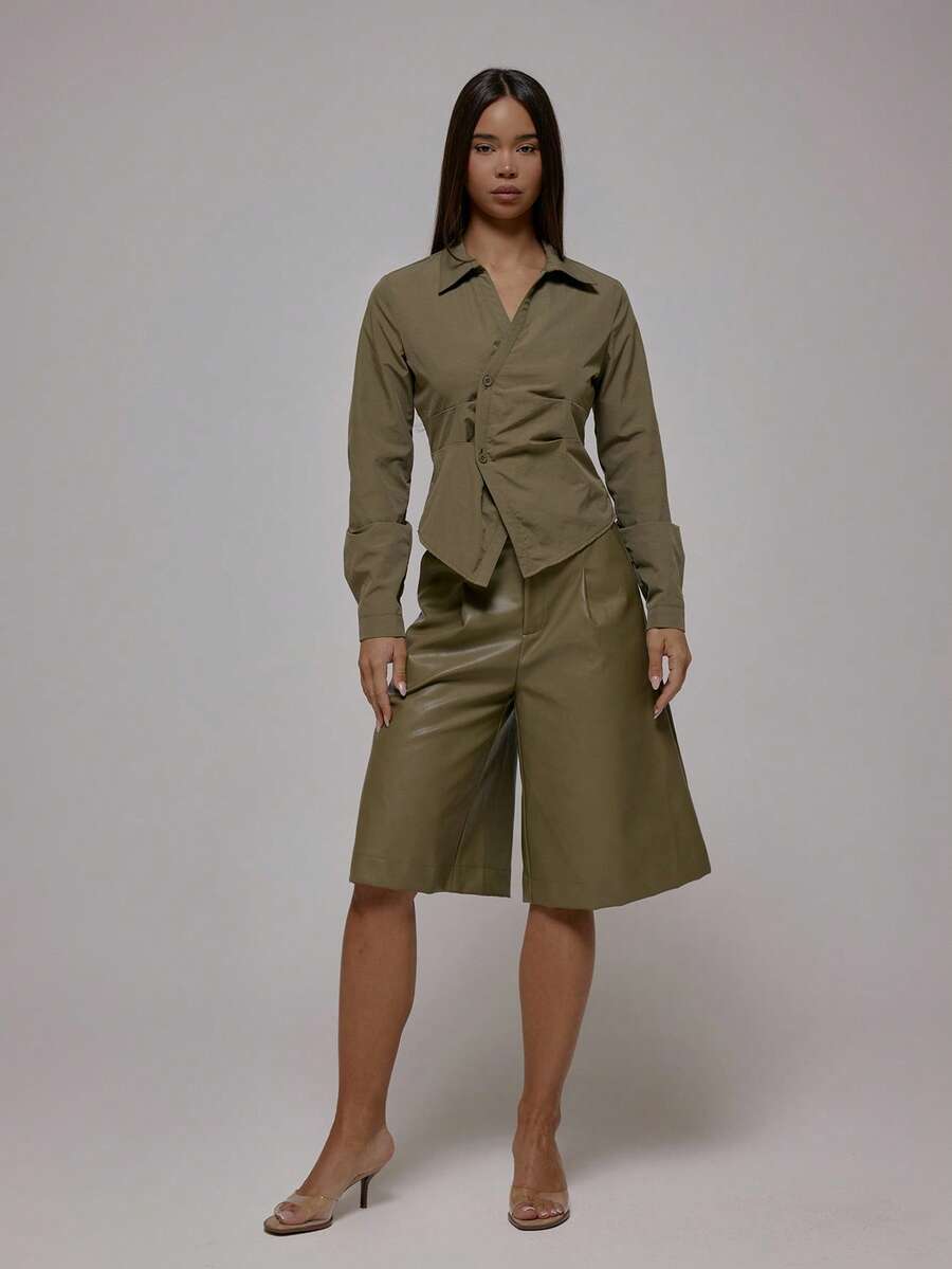 MUSERA Shorts tipo jorts de piel sintética oversize de estilo callejero cool girl Y2K para uso casual en otoño e invierno, color sepia - Verde Oliva - Ver 1