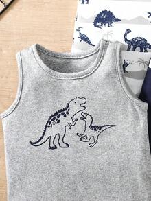 SHEIN Playful Pals 3pcs Baby Dinosaur Pattern Round Neck Casual Vest Set, Summer - Navy Blue - View 5