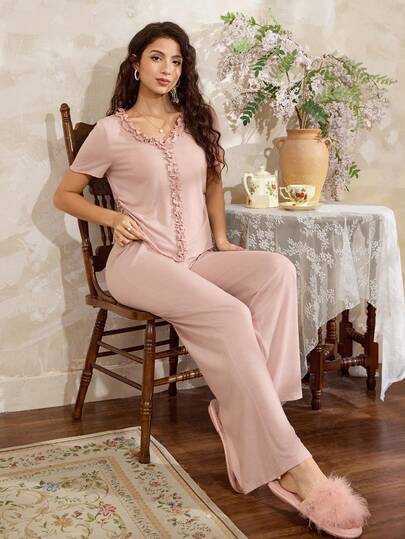 Côtesoire French V-Neck Ruffle Trim Short Sleeve Top And Straight Leg Pants Women Pajama Set Lace Pajama Set Lace Pj Set Sleep Wear Women 2 Piece Set Women Lounge Wear Sets
