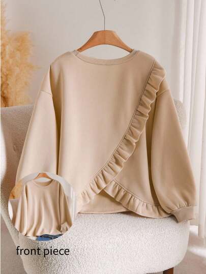 CosyJoli Plus Size Women Criss-Cross Back Ruffle Hem Casual Sweatshirt, Apricot, Versatile For Commuting And Daily Wear Spring