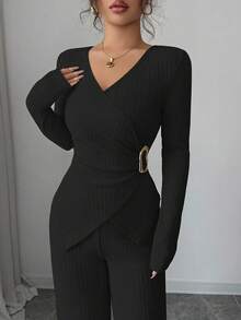 Selianne 秋冬新款纯色优雅通勤V领长袖T恤，金属扣装饰+阔腿弹力腰裤，女士休闲百搭两件套 - 黑色 - 查看 5