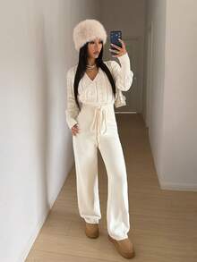 StreetHx Spring Thin Sweater And Pants Two Pieces Set, Casual Women's Suit - White - View 5