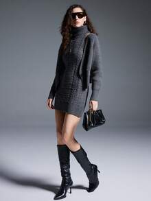 MYSTAURA 2pcs High Neck Knitted Dress Set, Bodycon Slim Fit Sweater Dress For Women - رمادي - مشاهدة 4