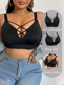 DesireSculpt Áo ngực không dây chéo màu trơn cỡ lớn - màu đen - Xem 3