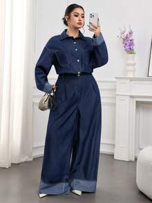 Modelyn Plus Size Dark Blue Denim Jumpsuit, Long-Sleeved Shirt, Straight Pants With Folded Hems, Casual Autumn Wear For Going Out Plus Size Denim Outfits For Women - Dark Wash - View 1