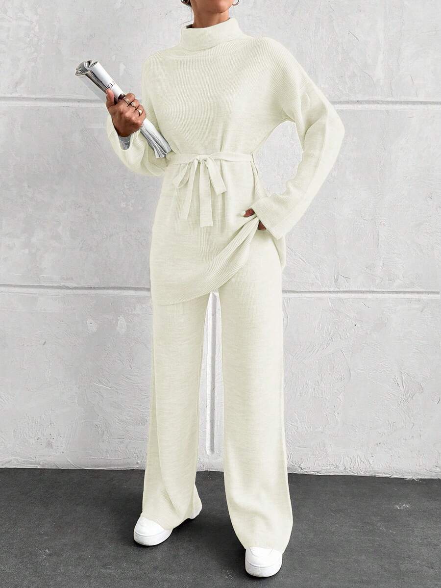 EURMUSE Ladies' Simple Daily Wear High Neck Belted Knitted Two-Piece Set (Solid Color) - Beige - View 1
