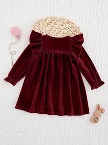 SHEIN 女童纯色丝绒短袖连衣裙 - 紅色 - 查看 7