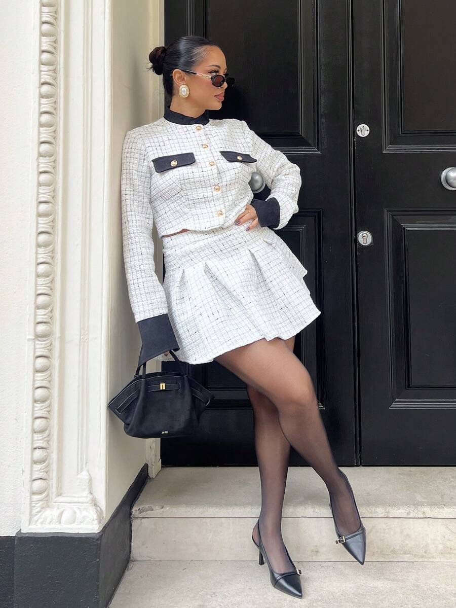 NegzBox 2pcs/Set Vintage Tweed Contrast Color Splicing Long Sleeve Top And Pleated Skirt Regular Suit For Women, Spring/Autumn/Winter Fall Cloth For Women - Black and White - View 1