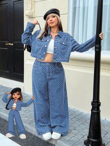 SHEIN ICON Jaket Denim Rajut Kasual Ukuran Besar untuk Wanita, Musim Gugur/Musim Dingin - Medium Wash - View 1