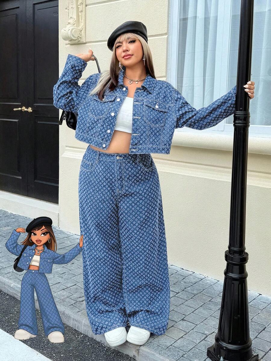 SHEIN ICON Jaket Denim Rajut Kasual Ukuran Besar untuk Wanita, Musim Gugur/Musim Dingin - Medium Wash - View 1