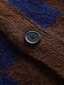 Officeau 男女皆宜的休闲宽松格纹无袖纽扣开襟毛衣，适合春、秋、冬三季穿着。 - 棕色 - 查看 4