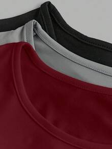 SHEIN ChillGRL 3件套优雅休闲基础款纯色针织短袖修身T恤，腰部褶皱装饰，百搭组合，适合青少年和女性，多色可选，情人节礼物 - 酒紅色 - 查看 5