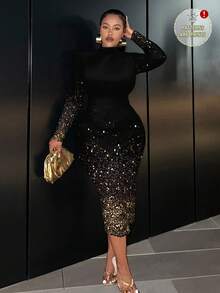 Slaydiva Elegantes goldenes Farbverlauf-Glitzer-Muster, schwarzes Maxikleid, Geburtstagskleid, Weihnachtsparty, lässiges minimalistisches Langarmkleid in Große Größen mit Rundhalsausschnitt und figurbetonter Passform, geeignet für Herbst-/Winterpartys - Verschiedenfarbig - Übersicht 1