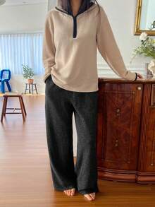 DAZY Bộ đồ ngủ vải nhung kẻ phối màu có khóa kéo nửa dành cho nữ, Thu/Đông - Màu Khaki - Xem 5