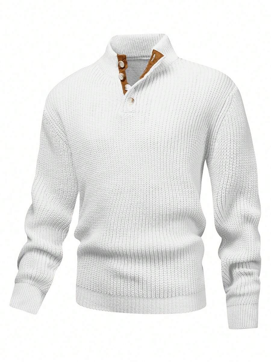 Manfinity Homme Men's Stand Collar Button Long Sleeve Casual Commuter Sweater, Autumn/Winter - White - View 1