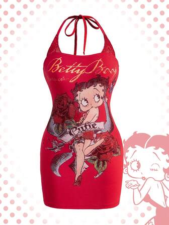 Betty Boop | ROMWE Vestido mini ajustado con cuello halter, encaje de contraste y estampado de Betty con cristales, en estilo retro Y2K sexy