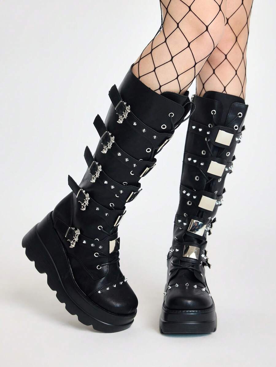 ROMWE Grunge Punk Women's Pink Round Toe Thick Bottom High Heel Long Boots, Lace-Up Elastic Fashion Boots For Autumn/Winter,Y2k Shoes - Black - View 1